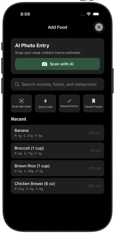 NexoPlate food logging screen